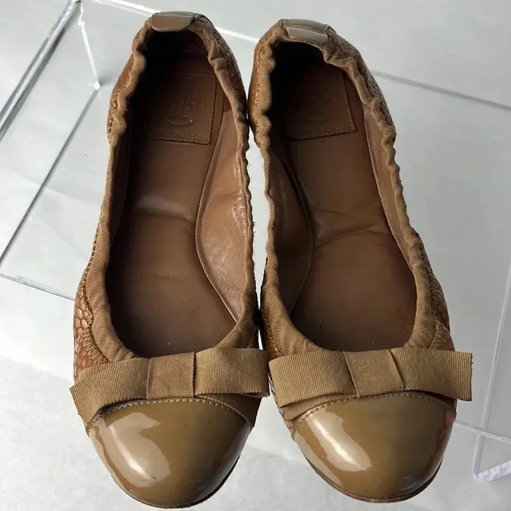 Tory Burch Leather/Fabric Bow Accent Ballet Slip-On Flats Brown Tan Size 9M